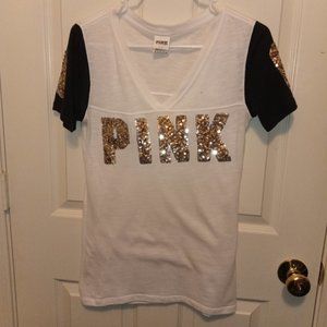 Victoria's Secret PINK Bling Sequins Silver/Gold Short sleeve Tee Size XS